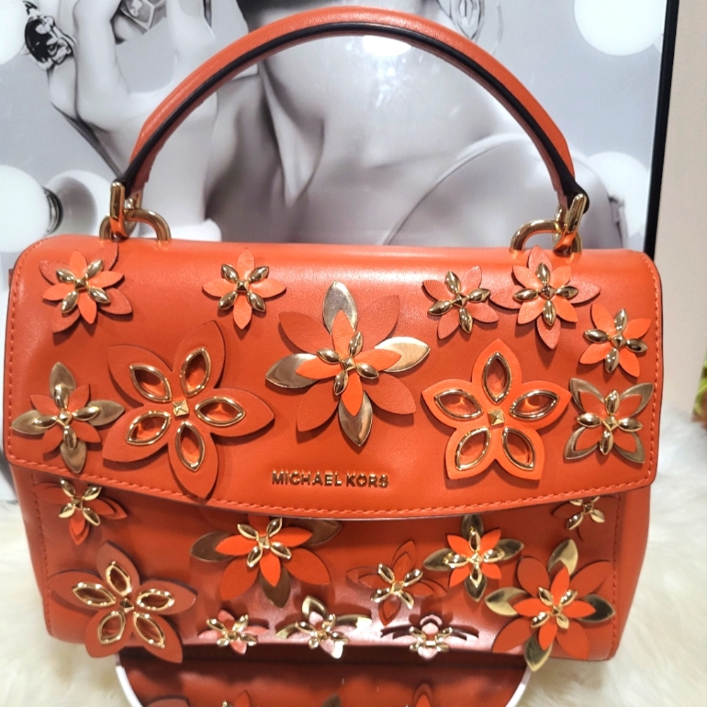 NWOT Michael Kors Flowers Ava Small Leather Top Handle Satchel orange floral bag - Picture 1 of 8